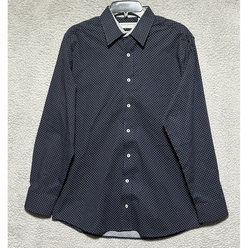 Nick Graham Shirt Mens L Stretch Modern Fit Polka Dot Navy Blue Long Sleeve